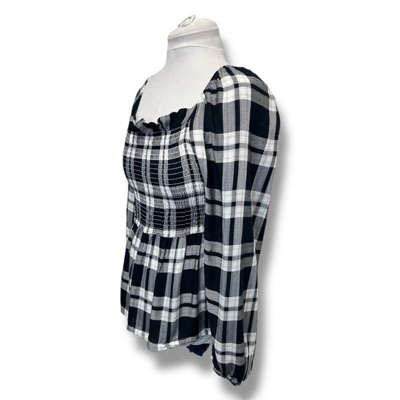 Inner Circle Women’s Long Sleeve Smock Bodice Blouse, Black Plaid, size XL - Picture 3 of 10